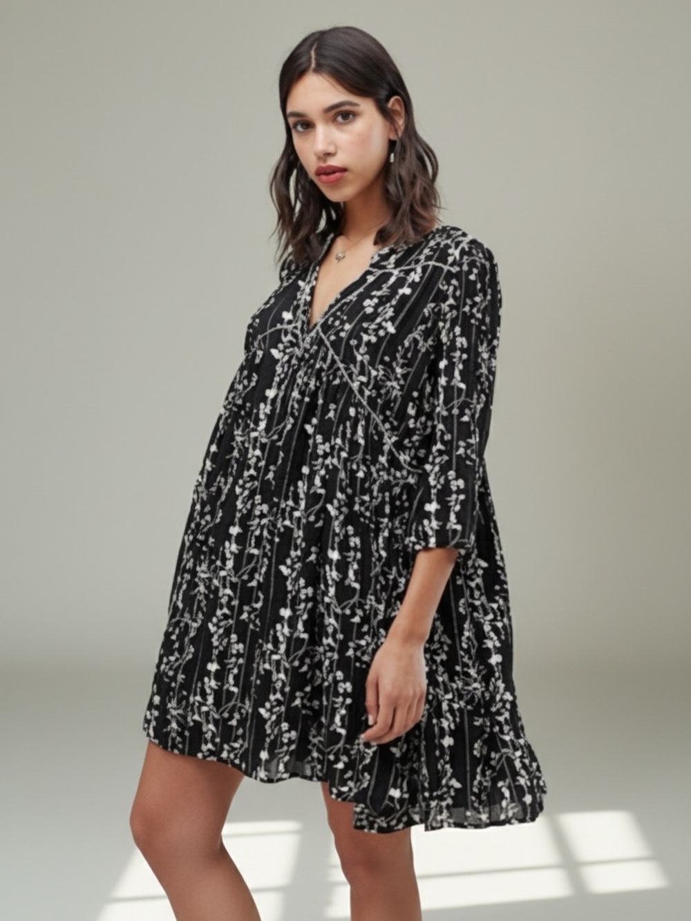 Ba&Sh Frezza Babydoll Mini Dress Size 1 Black & White Metallic Floral Printed
